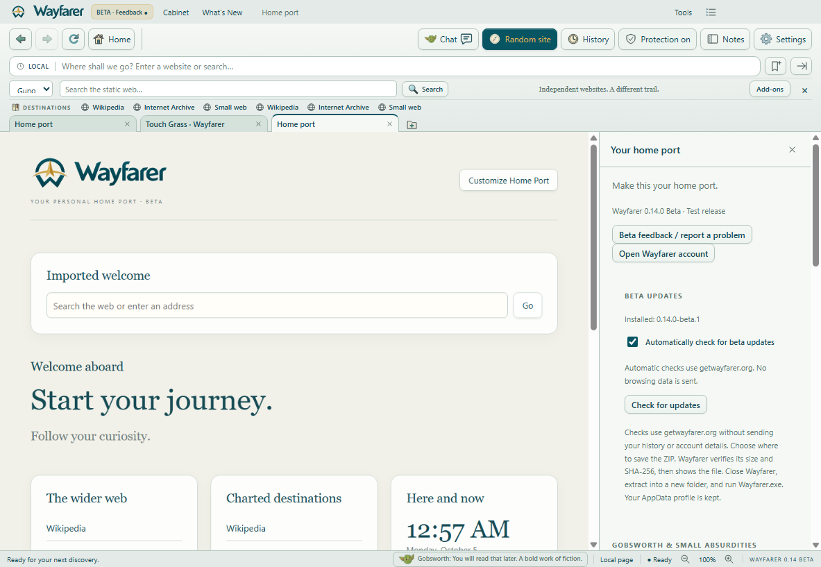Wayfarer browser interface with its explorer tools